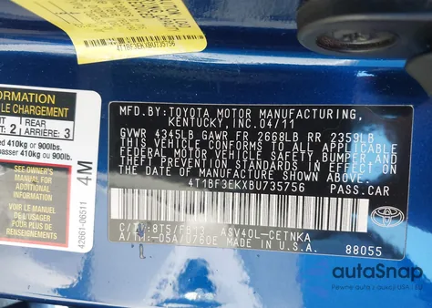 2011 Toyota Camry Le z USA, uszkodzony, nr VIN 4T1BF3EKXBU735756